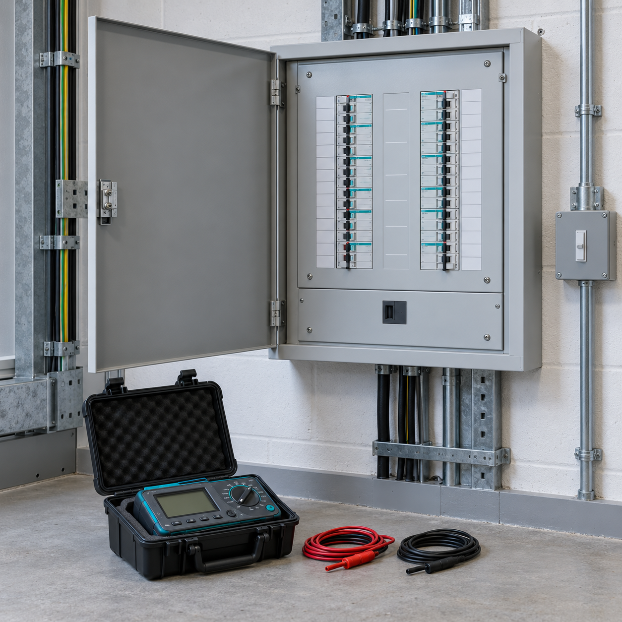 AI-generated illustration of a UK-style mains distribution board with an installation tester and disconnected test leads on the floor
