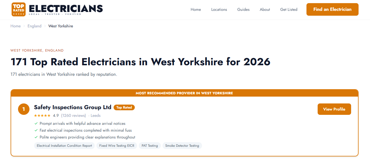 TopRatedElectricians.co.uk’s West Yorkshire rankings showing Safety Inspections Group Ltd in first place among 171 listed electricians.